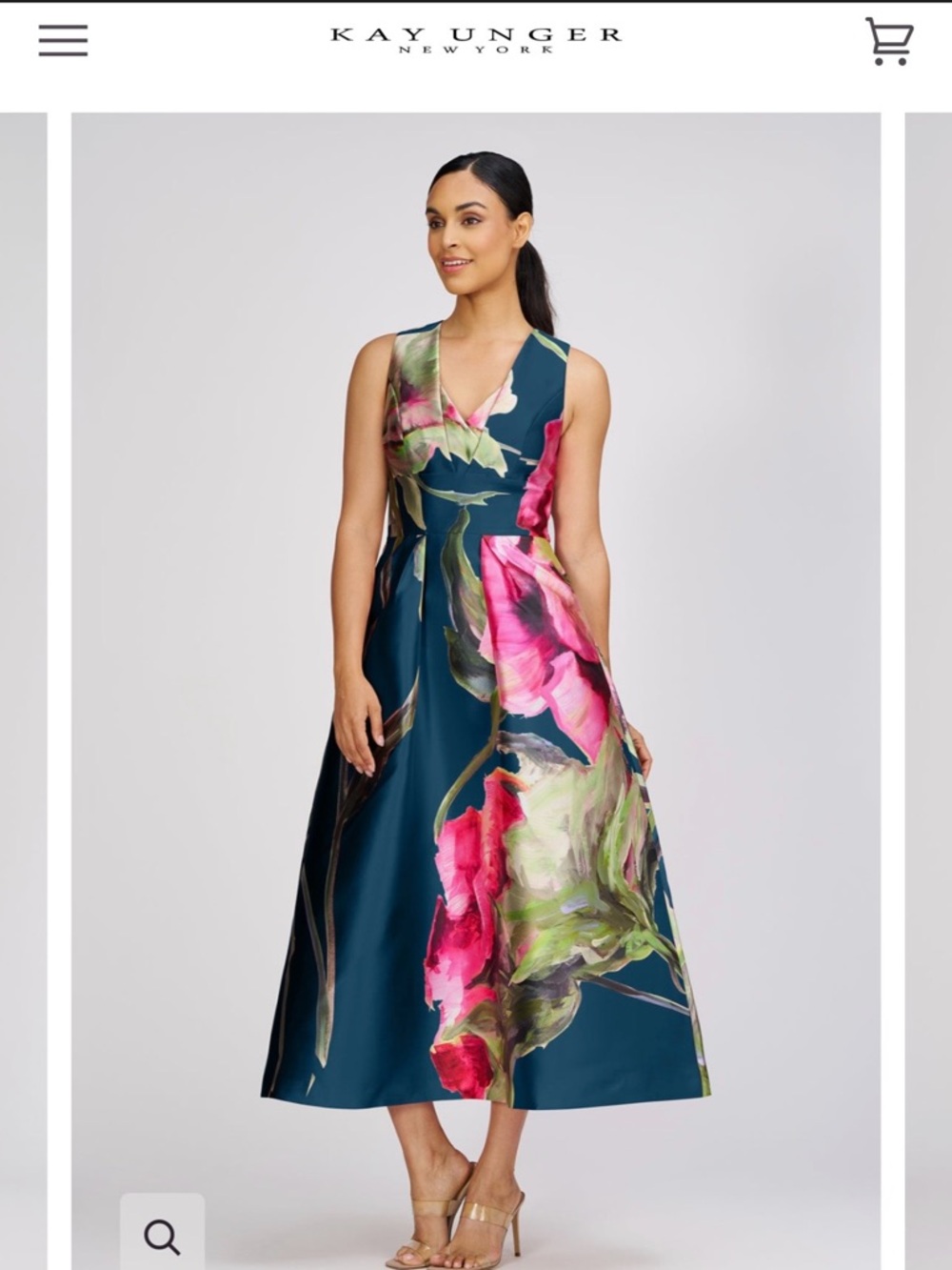 Kay Unger Teal Midi Dress with Pink & Green Floral Print
